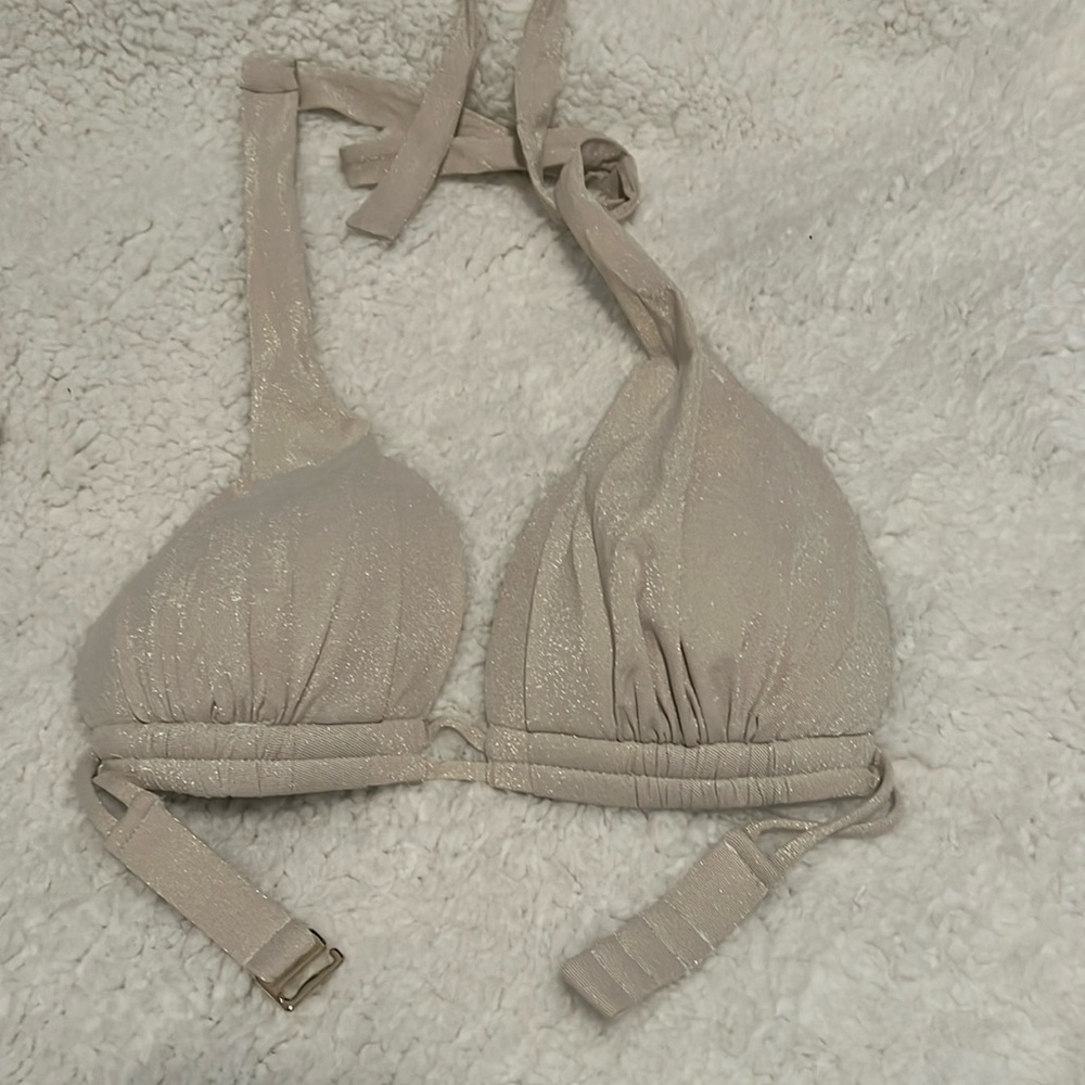 Sunsets Glitter Gold Cream Sliding Halter bikini Top NWOT